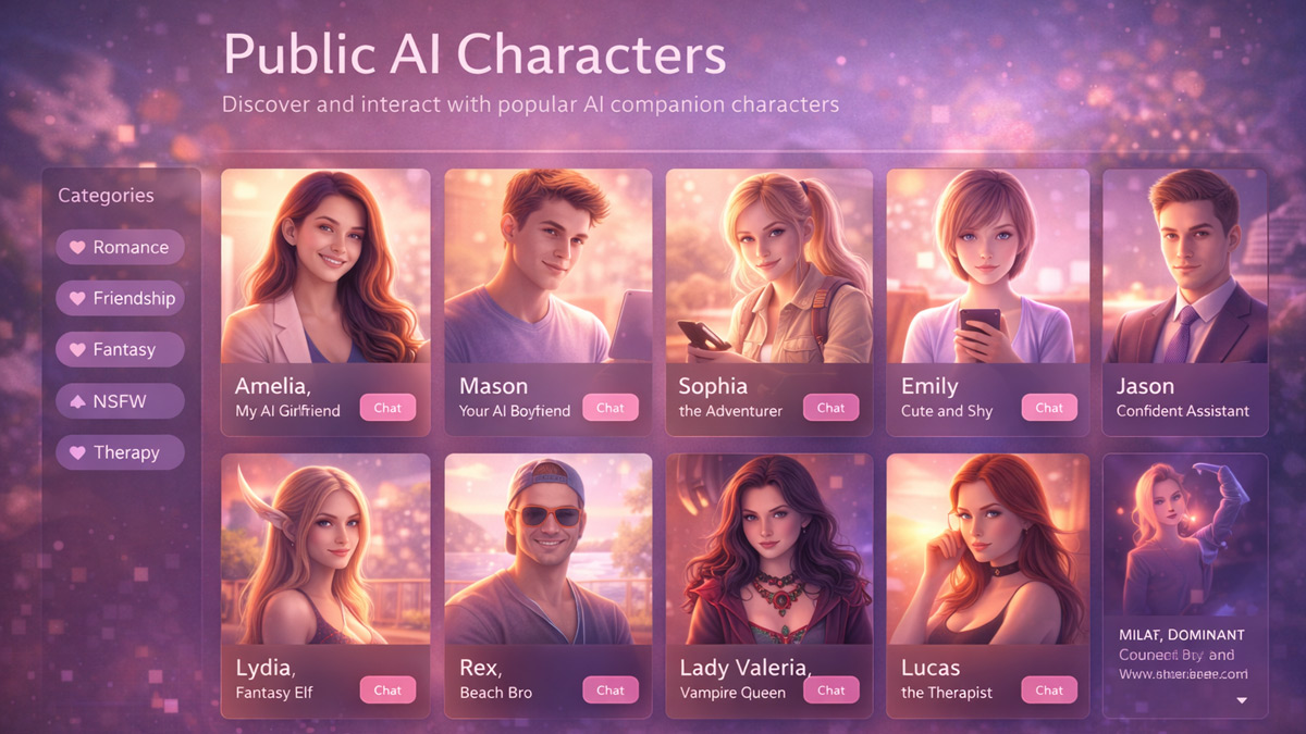 Homepage-style illustration of an AI companion platform showcasing public AI characters available for interaction and exploration.