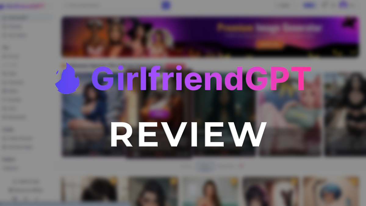 Blurred screenshot of GPTGirlfriend.online website with logo text overlay - AI girlfriend chat and virtual companion platform
