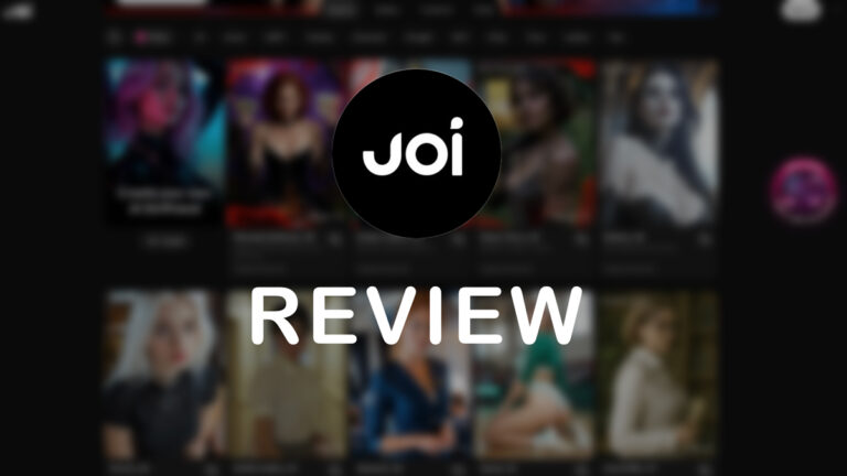 Joi.com website with logo text overlay - AI girlfriend chat and virtual companion platform