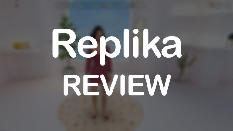 Replika AI platform screenshot with dark overlay and the Replika title centered on the image