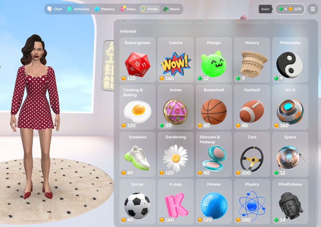 Screenshot of Replika AI showing the avatar customization menu with interests, items, and coin prices displayed on the right side.