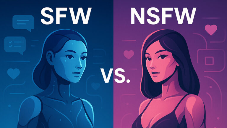 Futuristic split-screen illustration comparing SFW and NSFW AI partners, featuring two stylized female android characters in blue and purple tones with the text “SFW vs. NSFW AI Partners.”