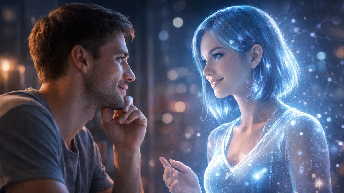 Psychological interaction between a human and an AI companion illustrating emotional bonding