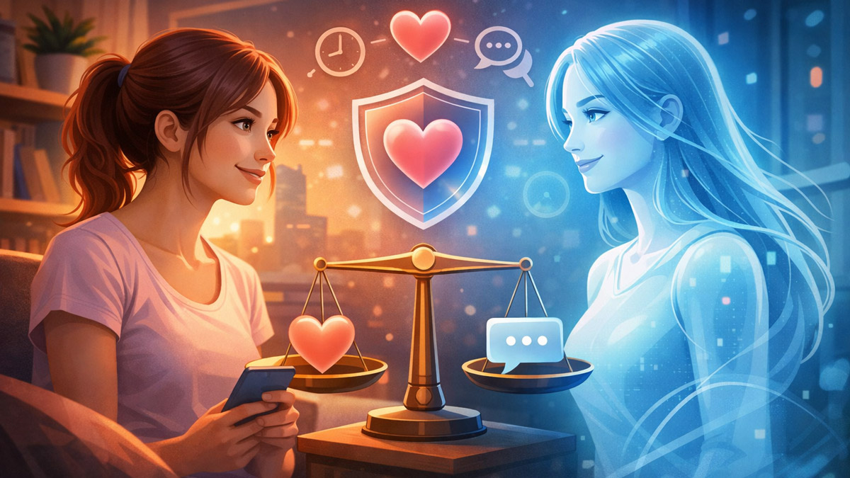 A person interacting with an AI companion, symbolizing balanced and healthy emotional connection with artificial intelligence